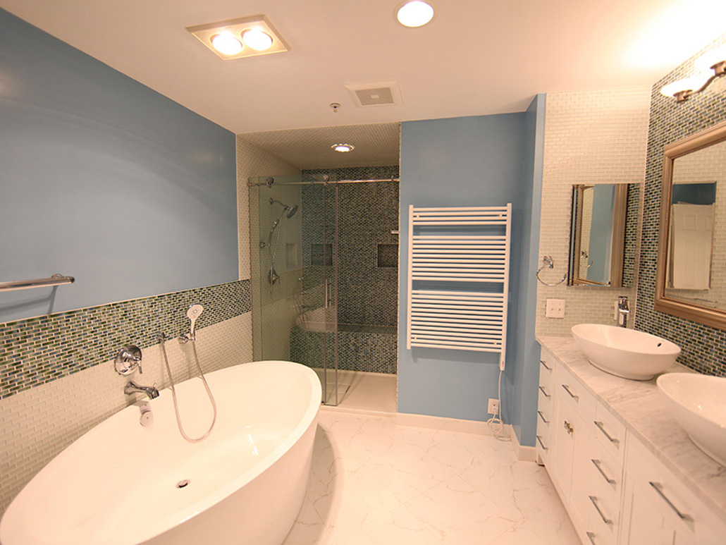 Vintage Bathroom Remodeling - White Vanity -and Countertop - Black and White Backsplash - Light Blue Walls