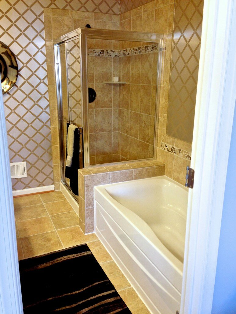 fairfax master bathroom Fairfax Master Bathroom Remodel - Warm Look with Golden Brown Tiles on Floor and Walls