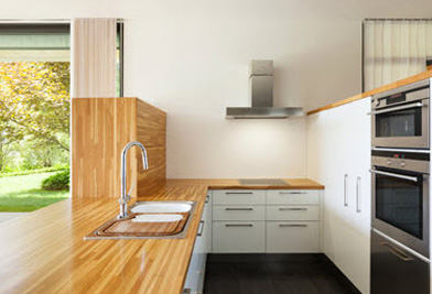 Light Brown Kitchen Countertop of Modern Kitchen with Sink and Faucet