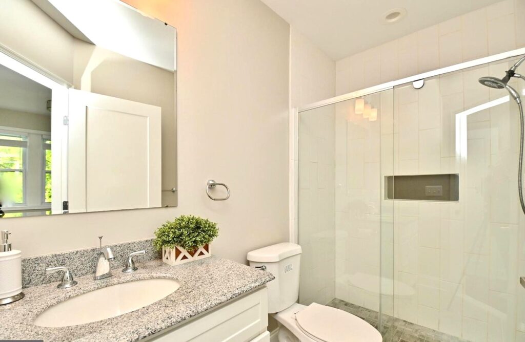 Finished primary bathroom in the Washington, DC remodeling project by Surdus Remodeling