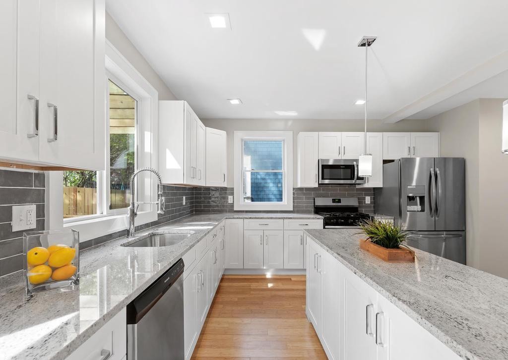 Wide view of the finished kitchen in the Mount Rainier remodeling project by Surdus Remodeling